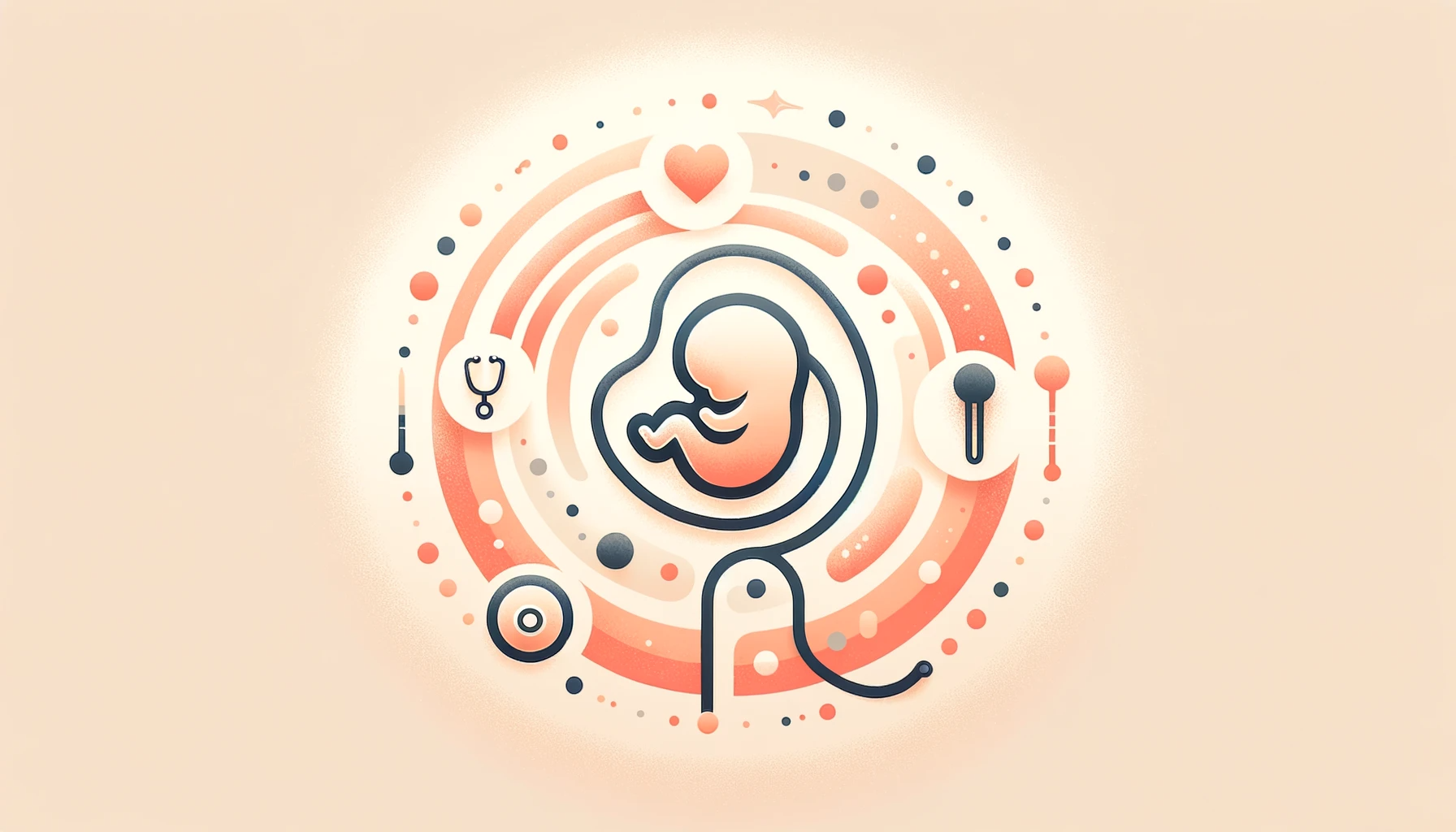 Abstract Prenatal Care Illustration for London Pregnancy Clinic blog - A minimalist design with a soft palette of light orange and baby pink, featuring an abstract fetus surrounded by prenatal care symbols such as a stethoscope and heart, conveying a sense of protection, growth, and tranquility for expectant mothers.