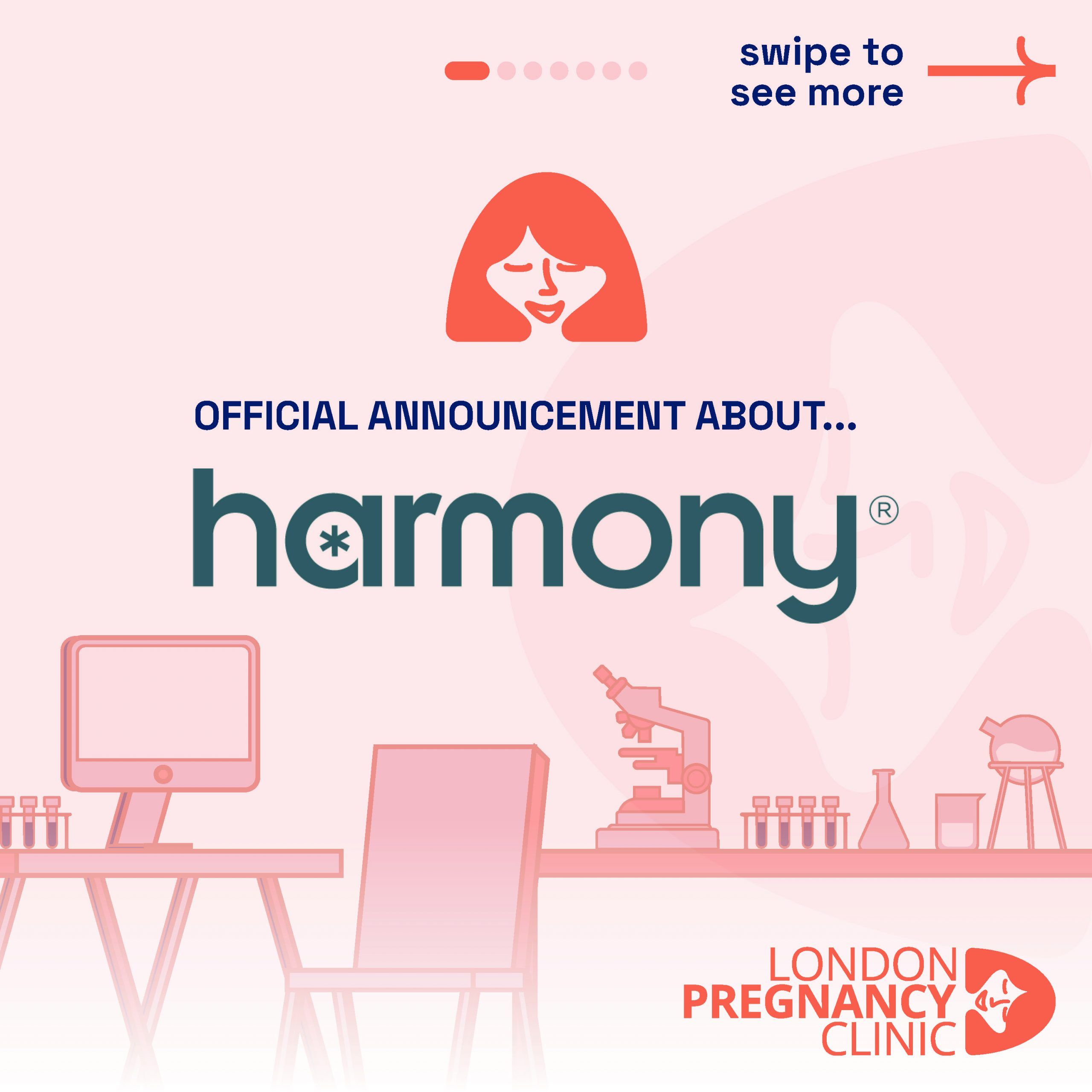 A graphic by London Pregnancy Clinic announcing information about Harmony® NIPT with an illustrated background featuring medical office elements.